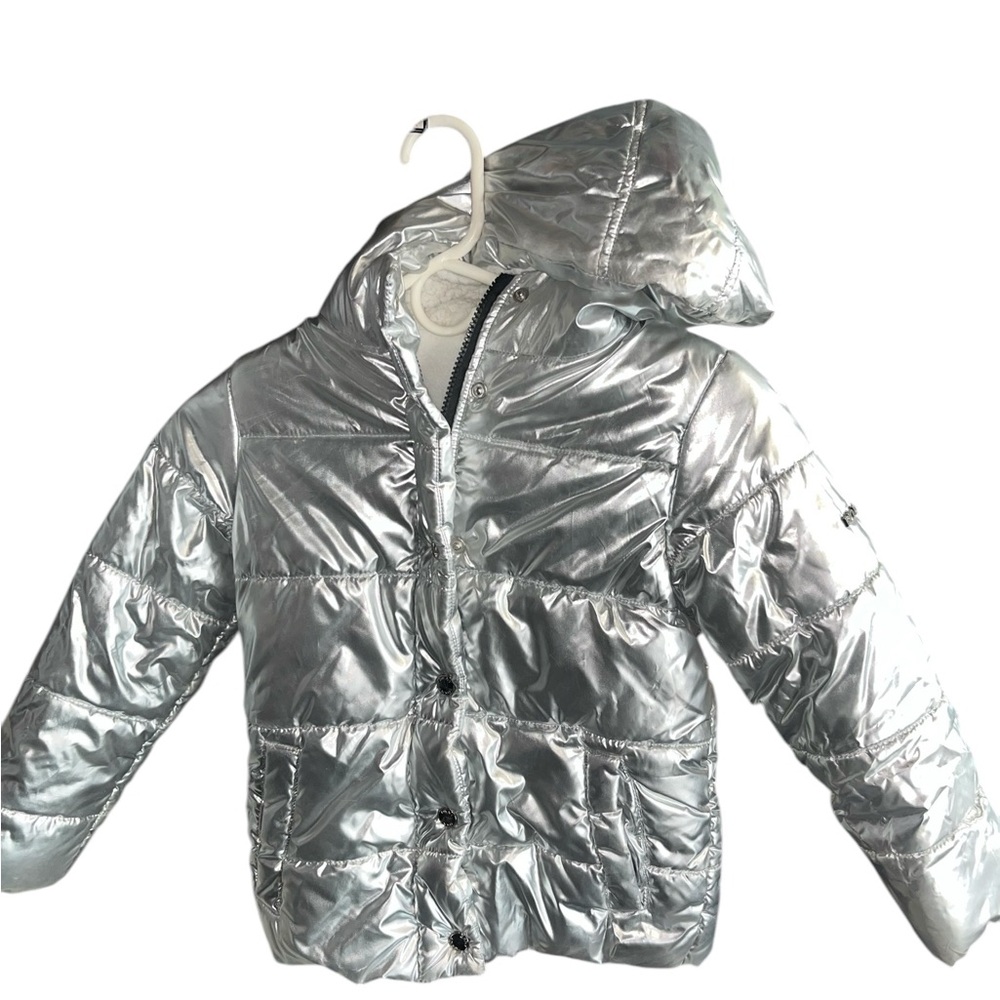 Girls Metallic Silver DKNY Puffer Jacket.